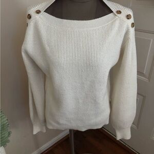 Ann Taylor Off-the-Shoulder White Sweater with Button Accents